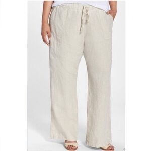 Allen Allen Wide Leg Linen Drawstring Tan Pants